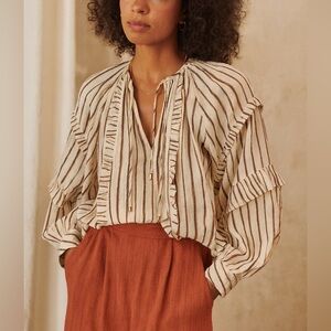 Ulla Johnson Liana Metallic Stripe Ruffle Cotton Blouse